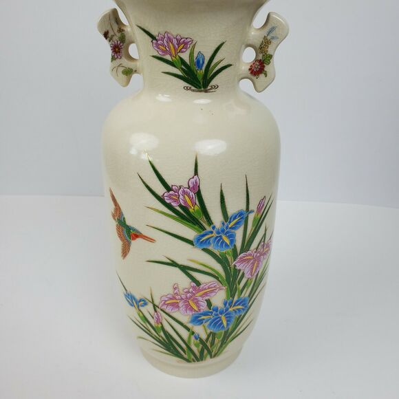 Vintage Japan Porcelain Iris Hummingbird Vase ART w/ Handles Gold Trim 12 Inch - Picture 7 of 8
